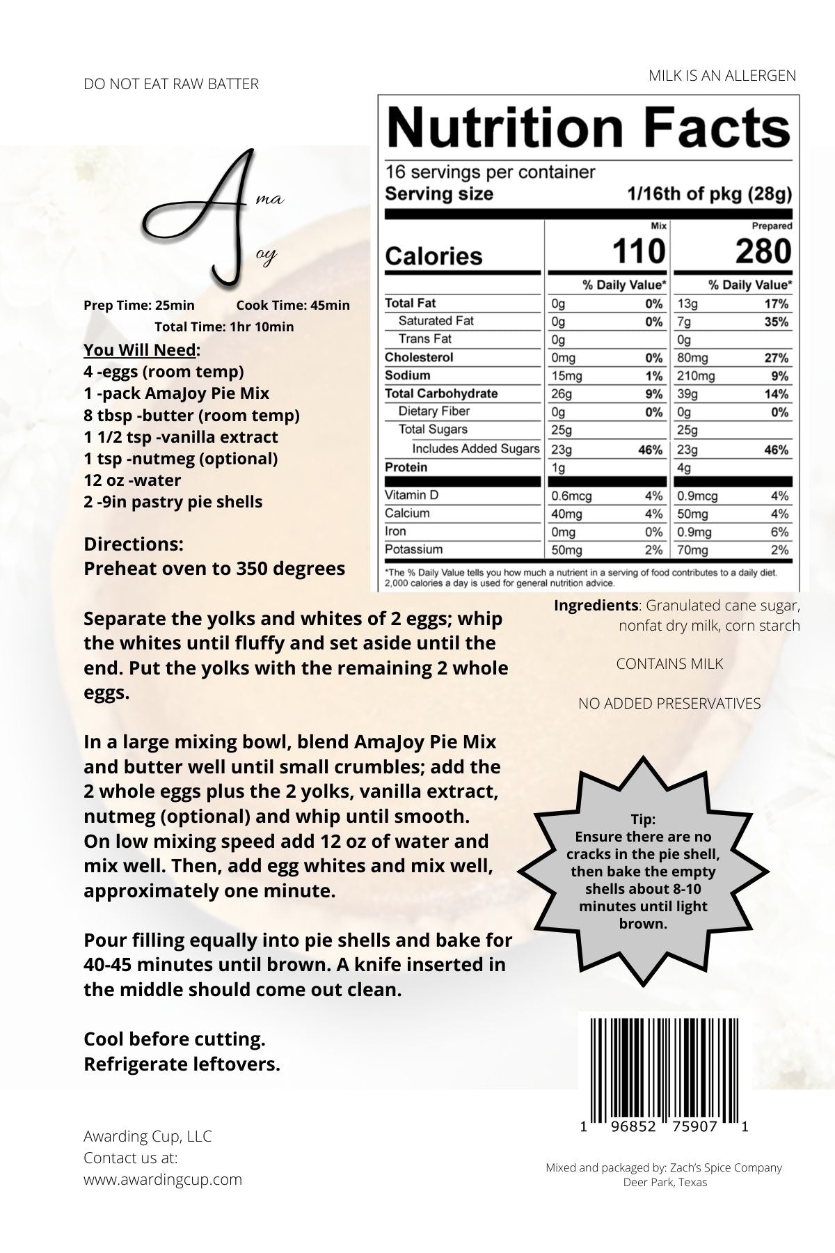 Old Fashioned Egg Custard Pie Mix